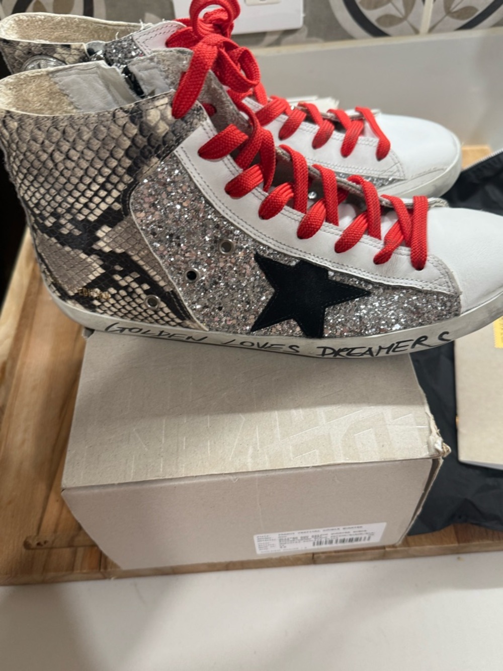 Golden Goose Multi-Texture High-Top Sneakers with Red Laces - Picture 3 of 13